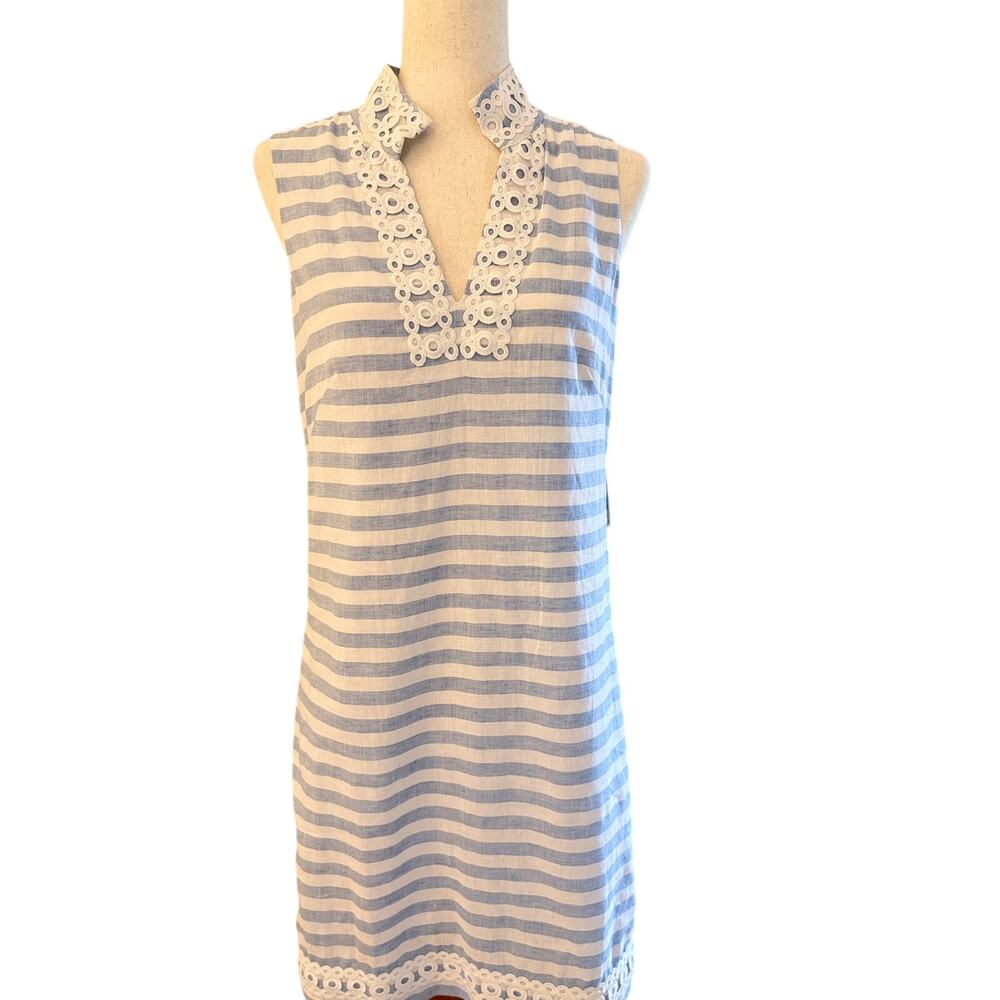 Eliza J Blue White Striped Eyelet Trim Shift Dress Size 8 NWT